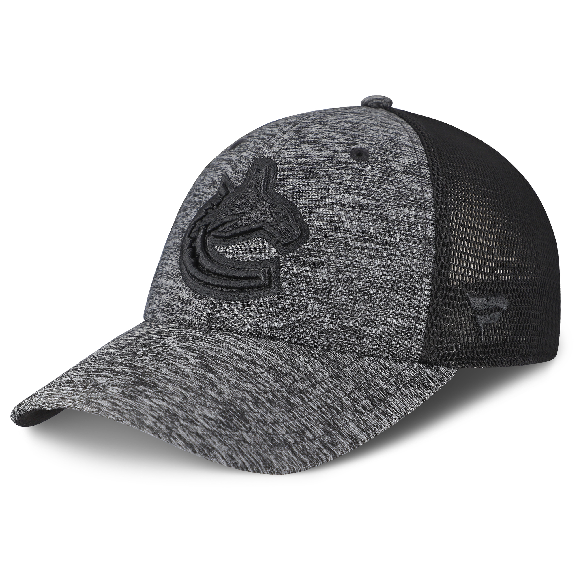 Men's Fanatics Heathered Black/Black Vancouver Canucks Authentic Pro Training \u0026 Travel Trucker Flex Hat